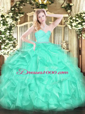 Turquoise Quinceanera Dresses Military Ball and Sweet 16 and Quinceanera with Beading and Lace and Ruffles Sweetheart Sleeveless Zipper