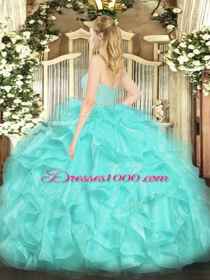 Turquoise Quinceanera Dresses Military Ball and Sweet 16 and Quinceanera with Beading and Lace and Ruffles Sweetheart Sleeveless Zipper