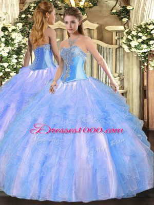 Aqua Blue Sleeveless Floor Length Beading and Ruffles Lace Up 15th Birthday Dress