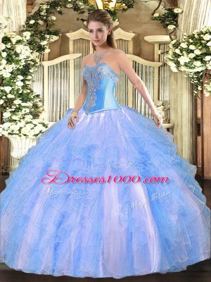 Aqua Blue Sleeveless Floor Length Beading and Ruffles Lace Up 15th Birthday Dress