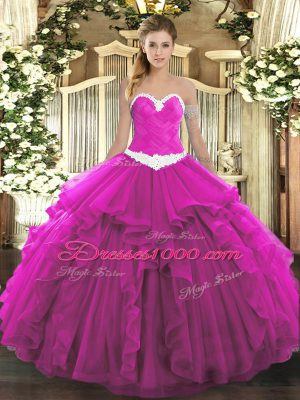 Captivating Organza Sweetheart Sleeveless Lace Up Appliques and Ruffles Sweet 16 Dresses in Fuchsia