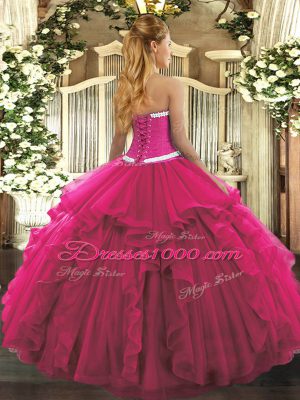 Captivating Organza Sweetheart Sleeveless Lace Up Appliques and Ruffles Sweet 16 Dresses in Fuchsia