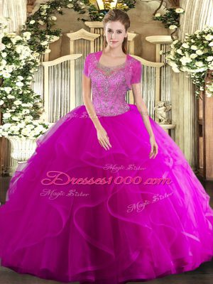 Affordable Fuchsia Ball Gowns Scoop Sleeveless Tulle Floor Length Clasp Handle Beading and Ruffled Layers Vestidos de Quinceanera