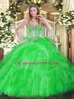 Attractive Green Ball Gowns Sweetheart Sleeveless Tulle Floor Length Lace Up Beading and Ruffles Quinceanera Gown
