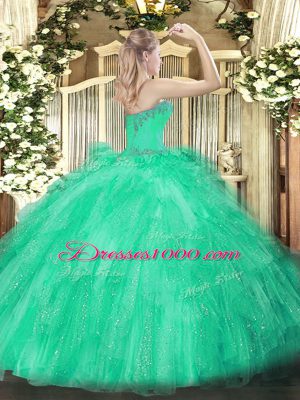 Attractive Green Ball Gowns Sweetheart Sleeveless Tulle Floor Length Lace Up Beading and Ruffles Quinceanera Gown
