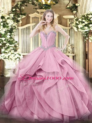 Pink Sleeveless Floor Length Beading and Ruffles Lace Up Quinceanera Dress