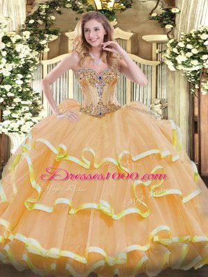 Designer Sweetheart Sleeveless Sweet 16 Quinceanera Dress Floor Length Beading and Ruffles Gold Organza