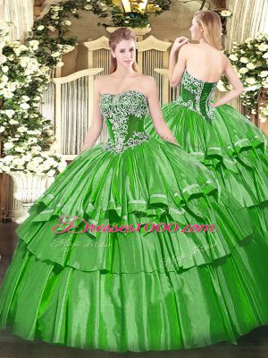 On Sale Green Quinceanera Gowns Military Ball and Sweet 16 and Quinceanera with Beading and Ruffled Layers Strapless Sleeveless Lace Up