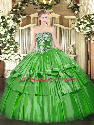 On Sale Green Quinceanera Gowns Military Ball and Sweet 16 and Quinceanera with Beading and Ruffled Layers Strapless Sleeveless Lace Up
