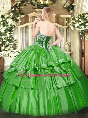 On Sale Green Quinceanera Gowns Military Ball and Sweet 16 and Quinceanera with Beading and Ruffled Layers Strapless Sleeveless Lace Up