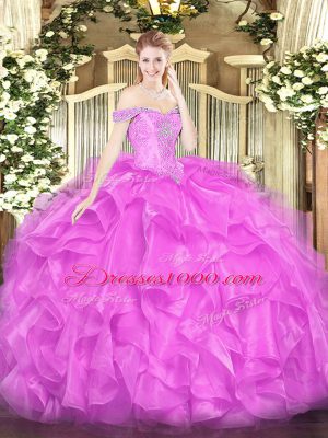 Luxurious Floor Length Lace Up Quince Ball Gowns Lilac for Military Ball and Sweet 16 and Quinceanera with Beading and Ruffles