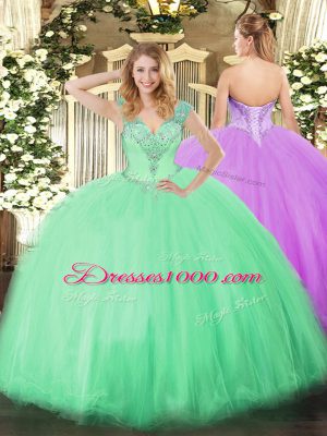 Sleeveless Tulle Floor Length Lace Up Quinceanera Gowns in Apple Green with Beading