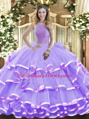 Ball Gowns Sweet 16 Dress Lavender High-neck Organza Sleeveless Floor Length Lace Up