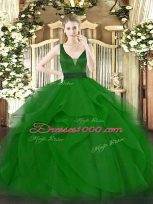 Sleeveless Floor Length Beading and Ruffles Zipper Quinceanera Gown with Dark Green