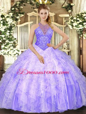 Lavender Ball Gowns Beading and Ruffles Quinceanera Dresses Lace Up Organza Sleeveless Floor Length