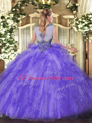Cheap Lavender Organza Zipper Scoop Sleeveless Floor Length Vestidos de Quinceanera Beading and Ruffles