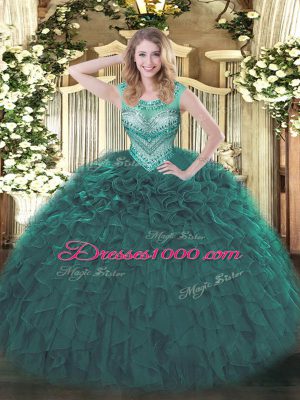 Organza Scoop Sleeveless Lace Up Beading and Ruffles Sweet 16 Quinceanera Dress in Teal