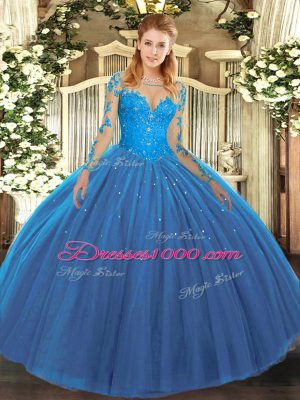 Teal Tulle Lace Up Ball Gown Prom Dress Long Sleeves Floor Length Lace