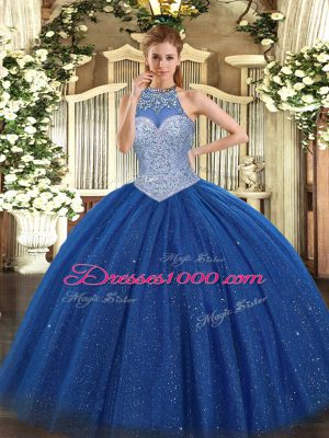 Royal Blue Sweet 16 Dress Military Ball and Sweet 16 and Quinceanera with Beading Halter Top Sleeveless Lace Up
