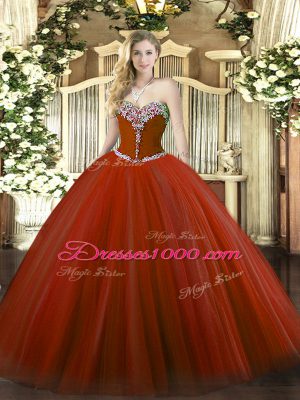 Fashionable Rust Red Lace Up Sweet 16 Dress Beading Sleeveless Floor Length
