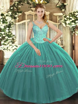 V-neck Sleeveless Lace Up 15th Birthday Dress Turquoise Tulle