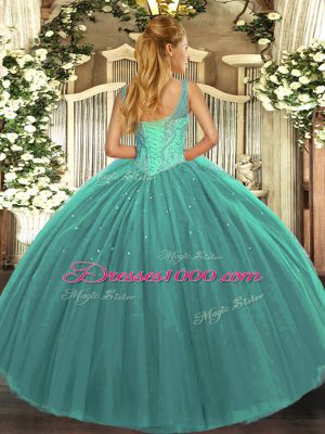 V-neck Sleeveless Lace Up 15th Birthday Dress Turquoise Tulle