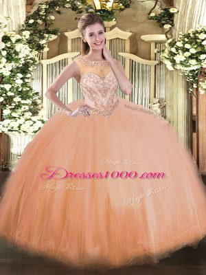Superior Peach 15th Birthday Dress Sweet 16 and Quinceanera with Beading Scoop Sleeveless Lace Up