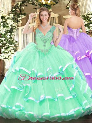 Best Selling Floor Length Apple Green Quinceanera Dresses V-neck Sleeveless Lace Up