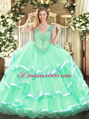 Best Selling Floor Length Apple Green Quinceanera Dresses V-neck Sleeveless Lace Up