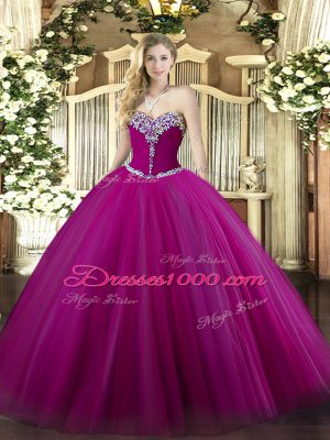 Sumptuous Floor Length Lace Up Quince Ball Gowns Fuchsia for Military Ball and Sweet 16 and Quinceanera with Beading