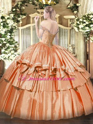 Off The Shoulder Sleeveless Quinceanera Dresses Floor Length Beading and Ruffled Layers Organza and Taffeta