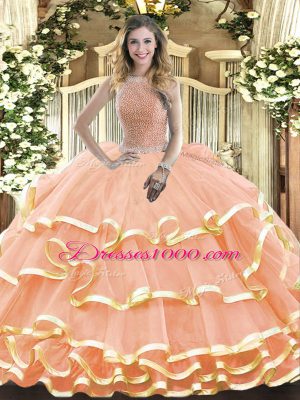 Comfortable Sleeveless Beading and Ruffled Layers Lace Up Quinceanera Dress