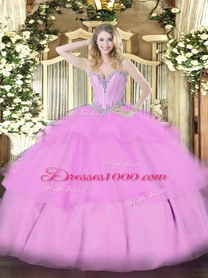 Beading and Ruffled Layers Quinceanera Dresses Lilac Lace Up Sleeveless Floor Length