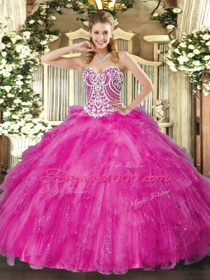 Decent Fuchsia Ball Gowns Sweetheart Sleeveless Tulle Floor Length Lace Up Beading and Ruffles Sweet 16 Dresses