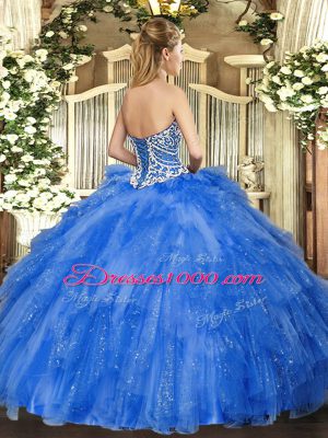 Decent Fuchsia Ball Gowns Sweetheart Sleeveless Tulle Floor Length Lace Up Beading and Ruffles Sweet 16 Dresses