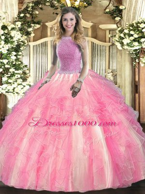 Stunning Floor Length Rose Pink Vestidos de Quinceanera High-neck Sleeveless Lace Up