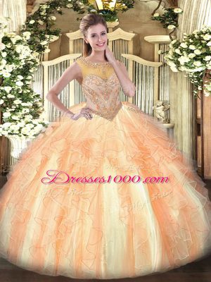 Glittering Organza Scoop Sleeveless Lace Up Beading and Ruffles Quinceanera Gowns in Multi-color