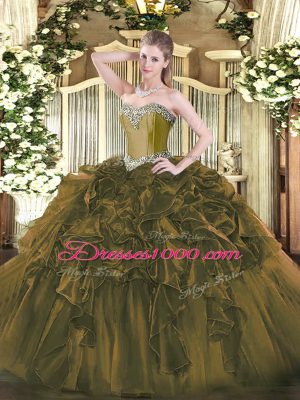 Delicate Olive Green Ball Gowns Sweetheart Sleeveless Organza Floor Length Lace Up Beading and Ruffles Quinceanera Dress