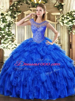 Great Royal Blue Lace Up Scoop Beading and Ruffles Quinceanera Gowns Organza Sleeveless