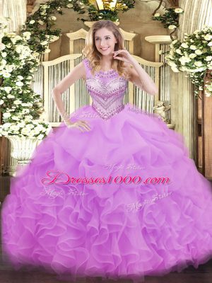 New Arrival Lilac Sleeveless Beading and Ruffles and Pick Ups Floor Length 15th Birthday Dress