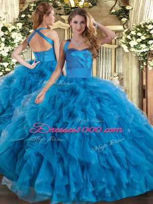Artistic Halter Top Sleeveless Quinceanera Dress Floor Length Ruffles Blue Tulle