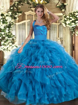 Artistic Halter Top Sleeveless Quinceanera Dress Floor Length Ruffles Blue Tulle