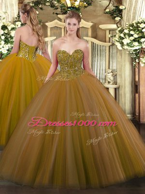 Brown Tulle Lace Up Vestidos de Quinceanera Sleeveless Floor Length Beading