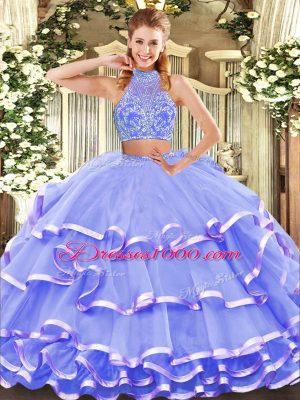 Lavender Halter Top Criss Cross Beading and Ruffled Layers Quinceanera Gowns Sleeveless