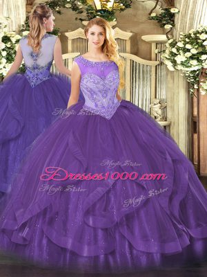 Noble Scoop Sleeveless Tulle Sweet 16 Quinceanera Dress Beading and Ruffles Lace Up