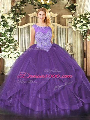 Noble Scoop Sleeveless Tulle Sweet 16 Quinceanera Dress Beading and Ruffles Lace Up