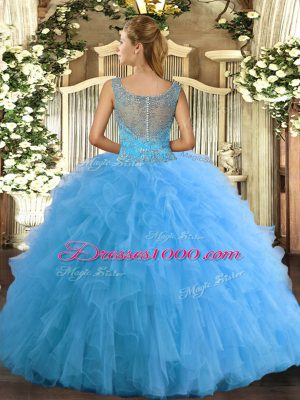 Hot Selling Sleeveless Tulle Floor Length Clasp Handle Quinceanera Dresses in Baby Blue with Beading and Ruffled Layers