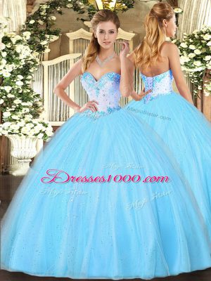 Floor Length Ball Gowns Sleeveless Aqua Blue Quinceanera Gowns Lace Up