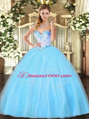 Floor Length Ball Gowns Sleeveless Aqua Blue Quinceanera Gowns Lace Up