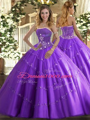 Lavender Tulle Lace Up Quinceanera Dresses Sleeveless Floor Length Beading and Appliques